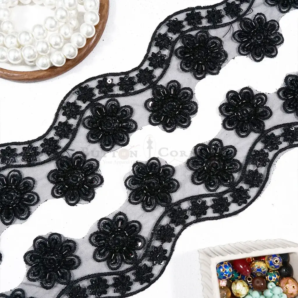 Flower Scallop Embellished with Glass Bead & Sequence Along Decorative Edge