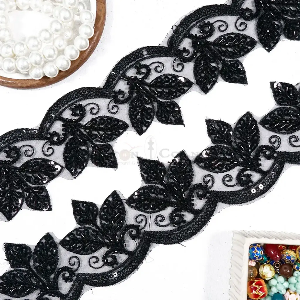Leaf Design Glass Beads & Sequence Embellishment Fancy Lace