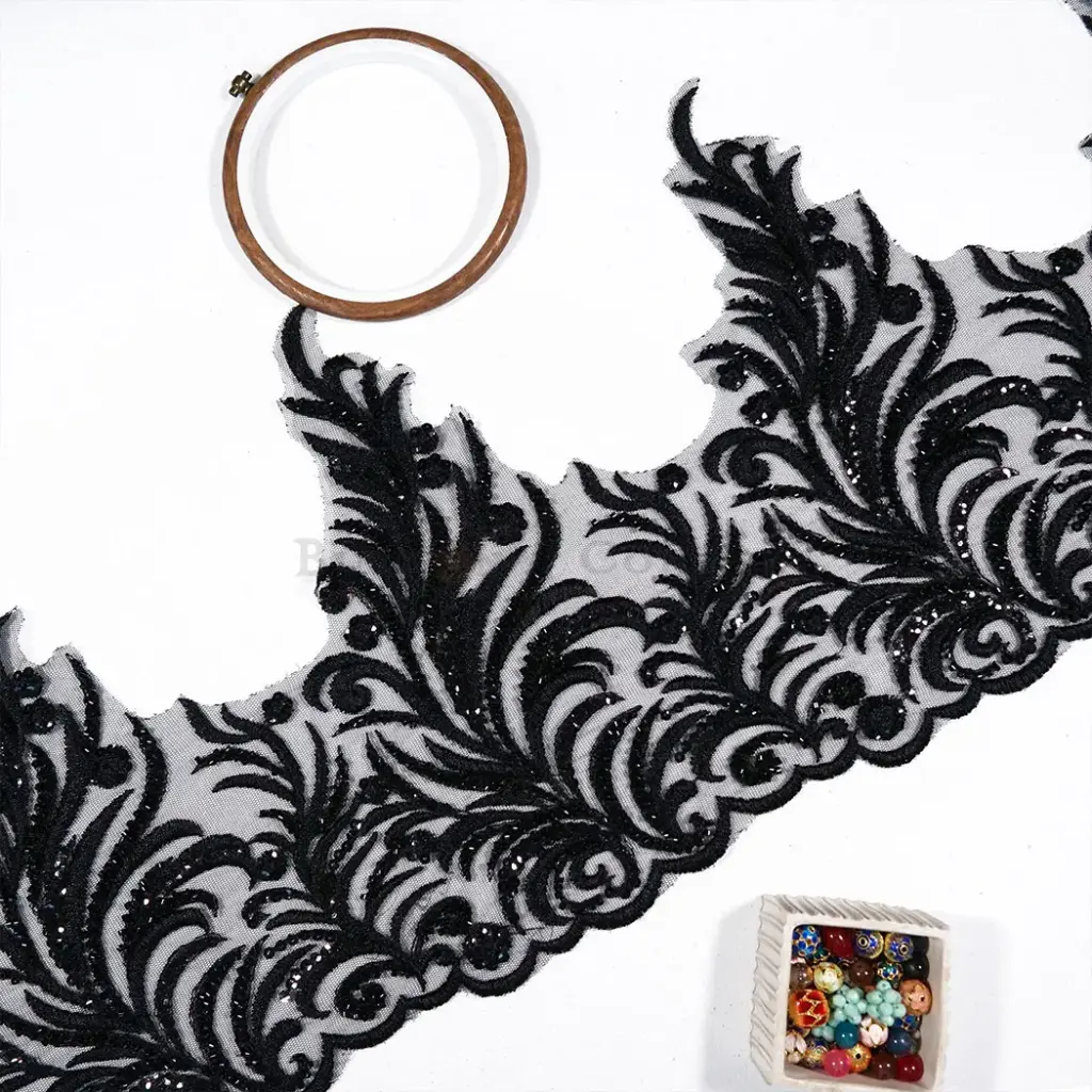 Glass Bead & Sequence Embellishment Floral Pattern Fancy Lace
