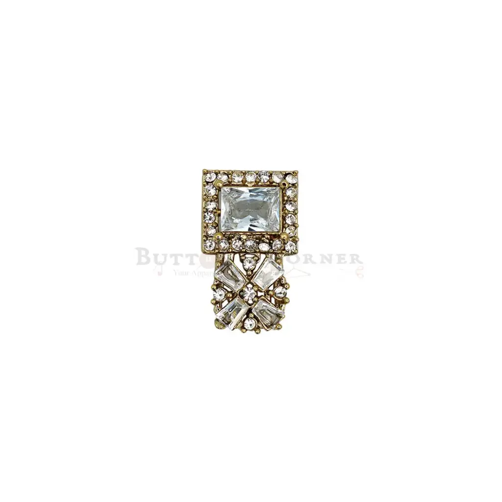Gold Base Square Design with Flower Edge Crystal Embellishment Fancy Kundan Button