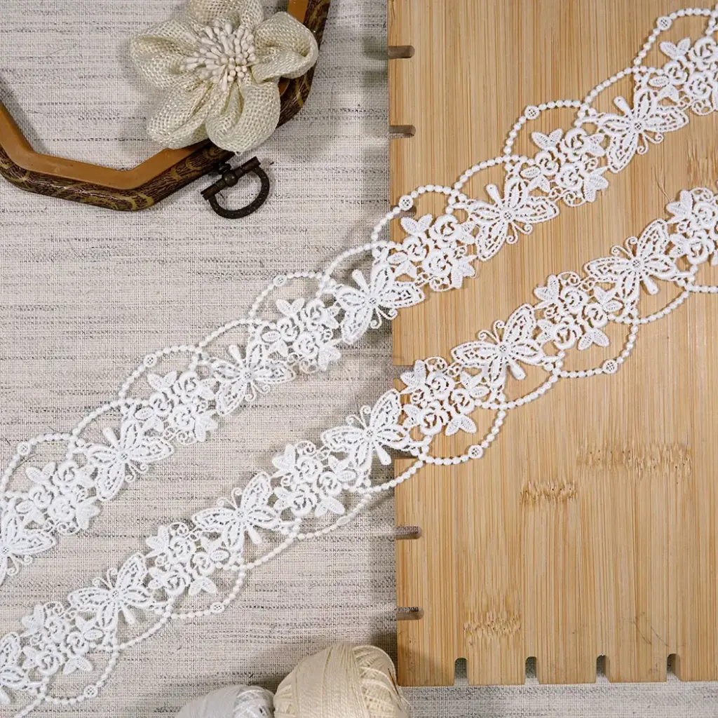 Butterfly & Flower Motif Shuttle Lace with Scallop Accent