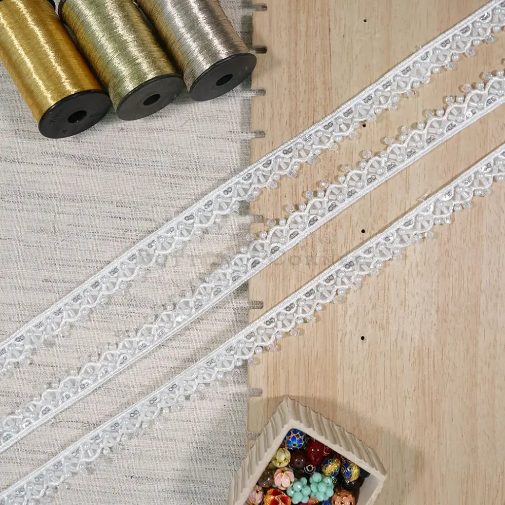 Embroidery Thread Glass Beads & Sequence Embellishment with Pearl Accent Fancy Lace