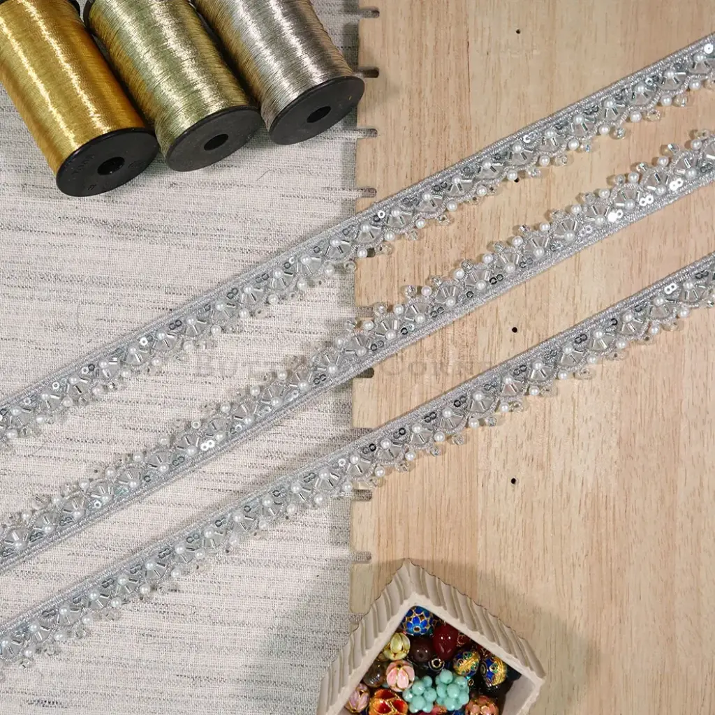 Metallic Yarn Glass Beads & Sequence Embellishment with Pearl Accent Fancy Lace