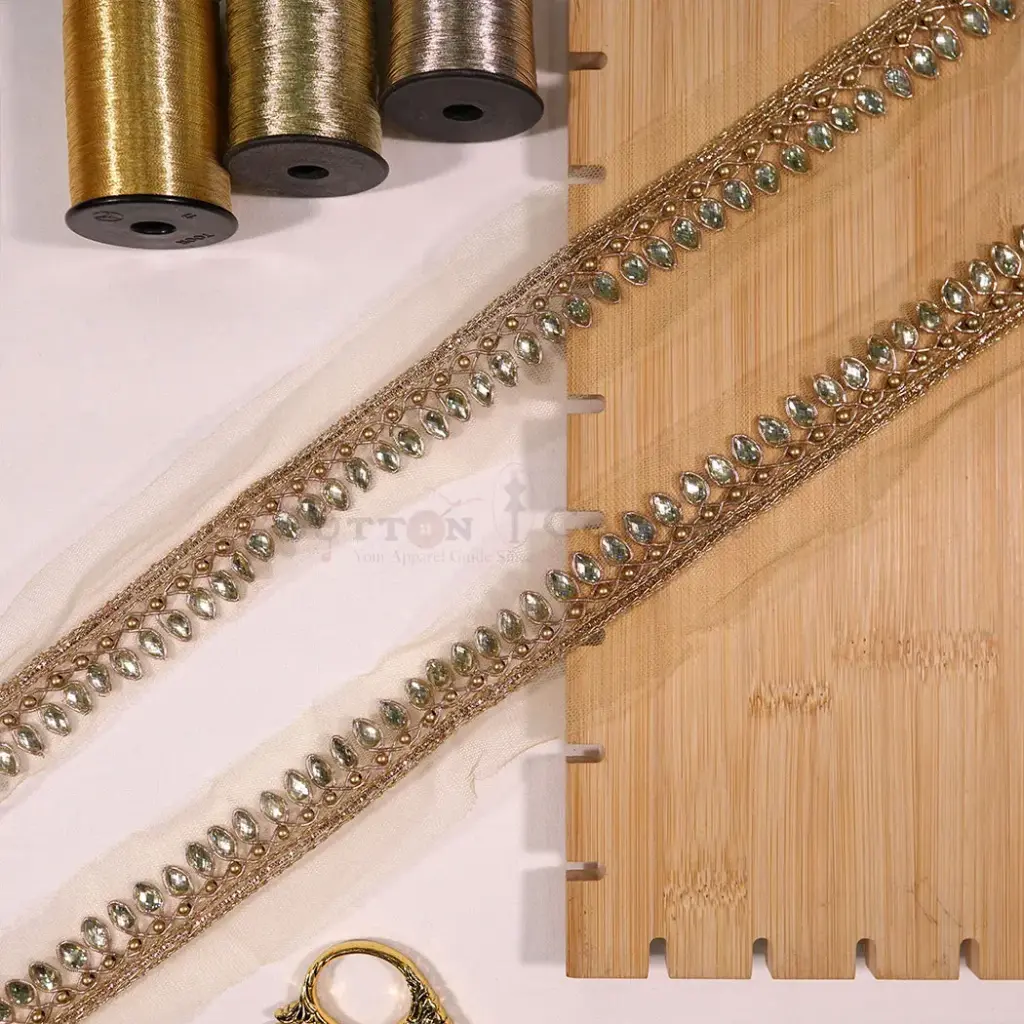 Metallic Yarn with Glass Bead Edge & Hanging Stone Accent Fancy Kundan Lace