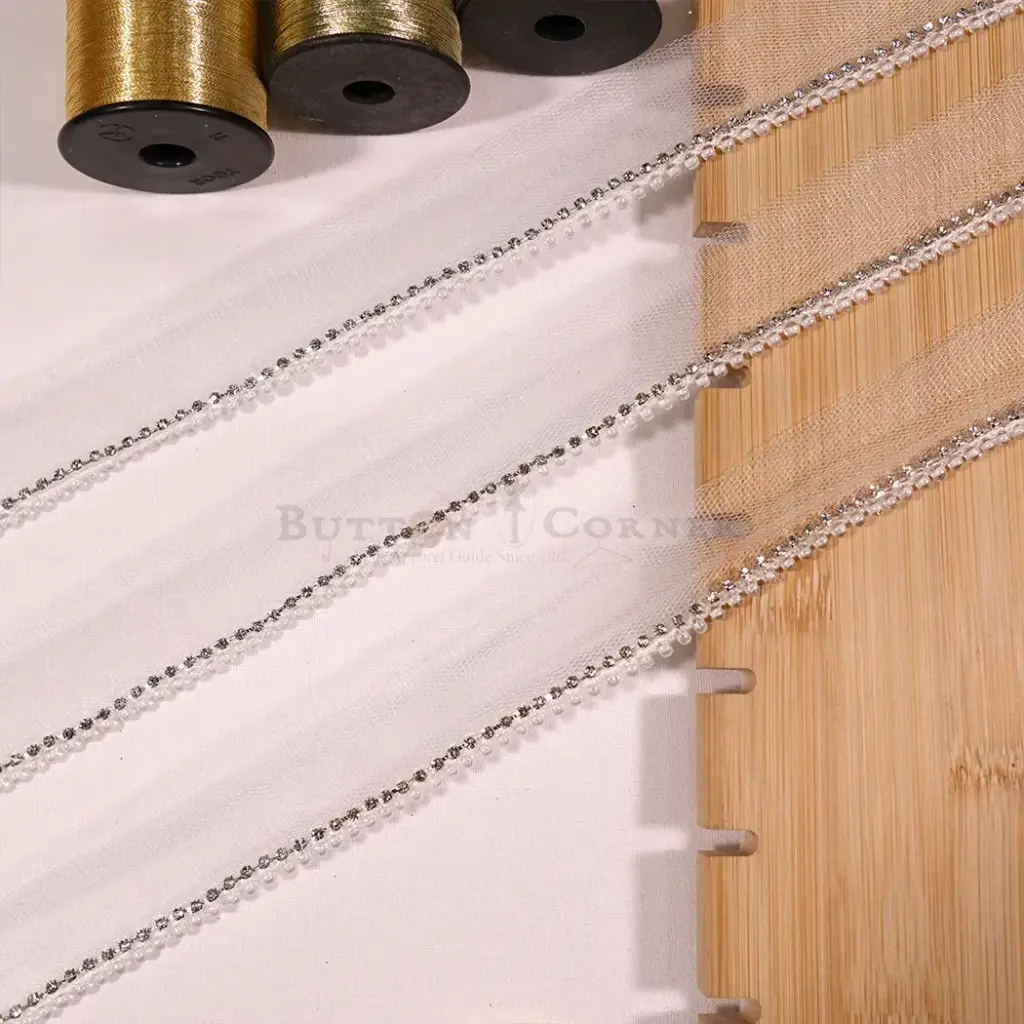 Decorative Fancy Edge Lace Embellished with Glass Beads & Rhinestone