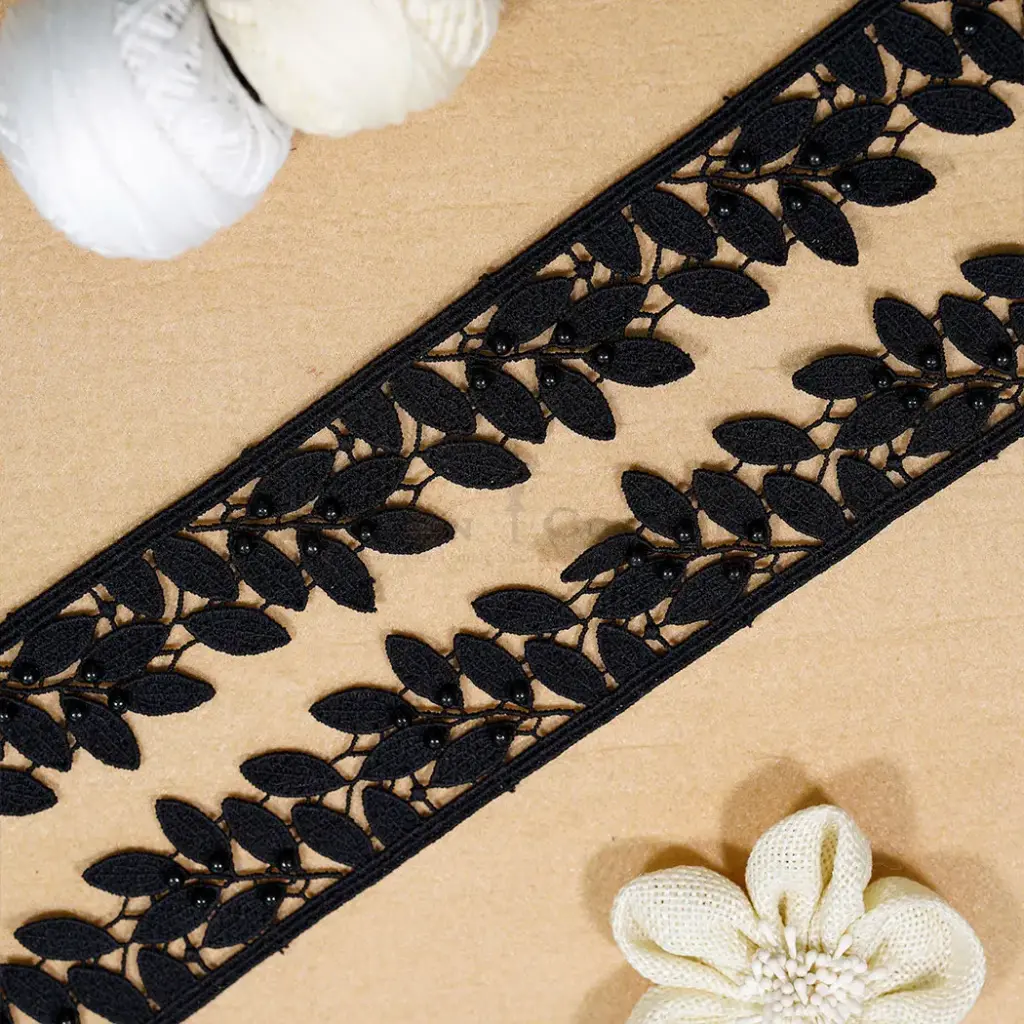 Decorative Leaf Design Shuttle Lace with Pearl Accent