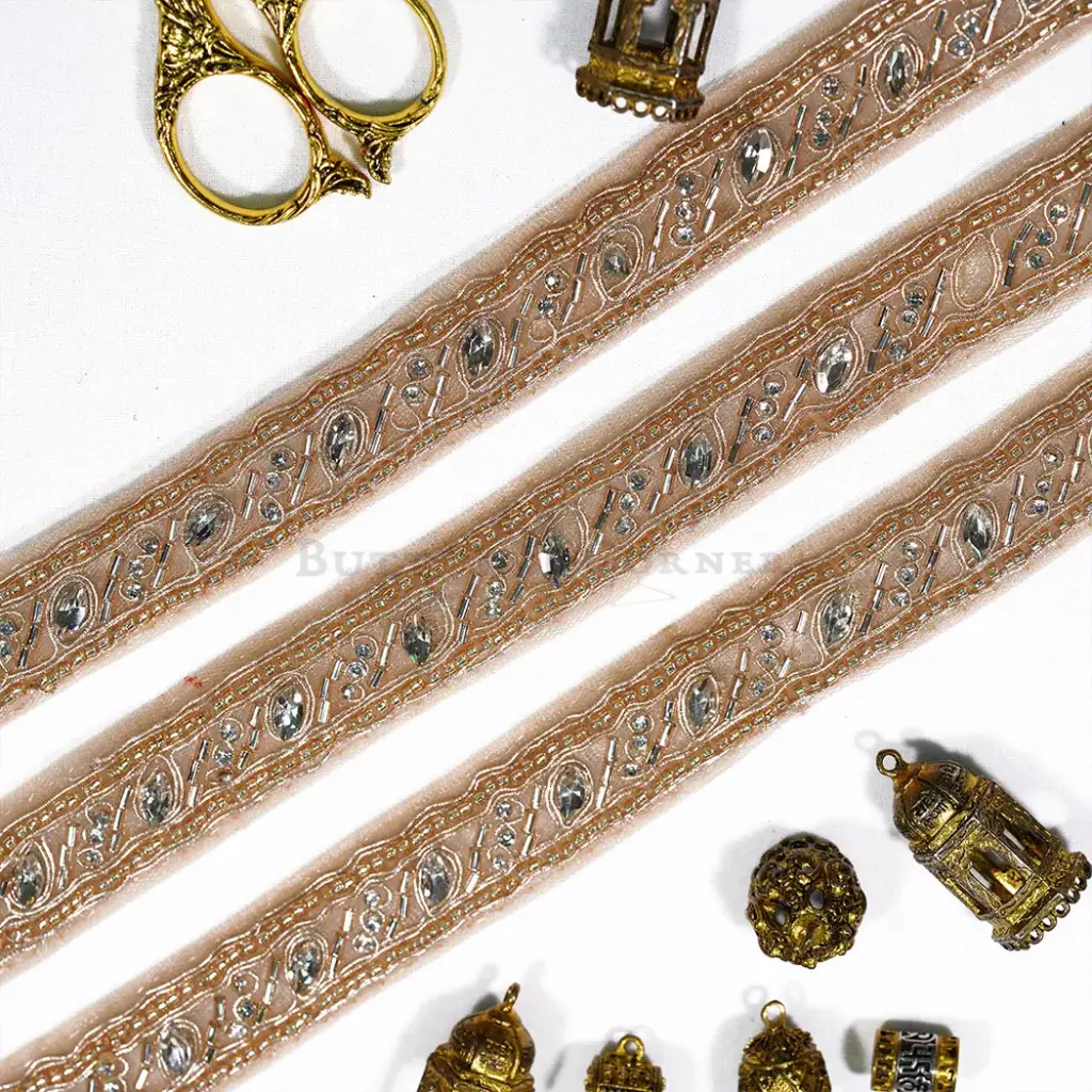 Glass Beads & Rhinestone Accent Fancy Metallic Yarn Lace