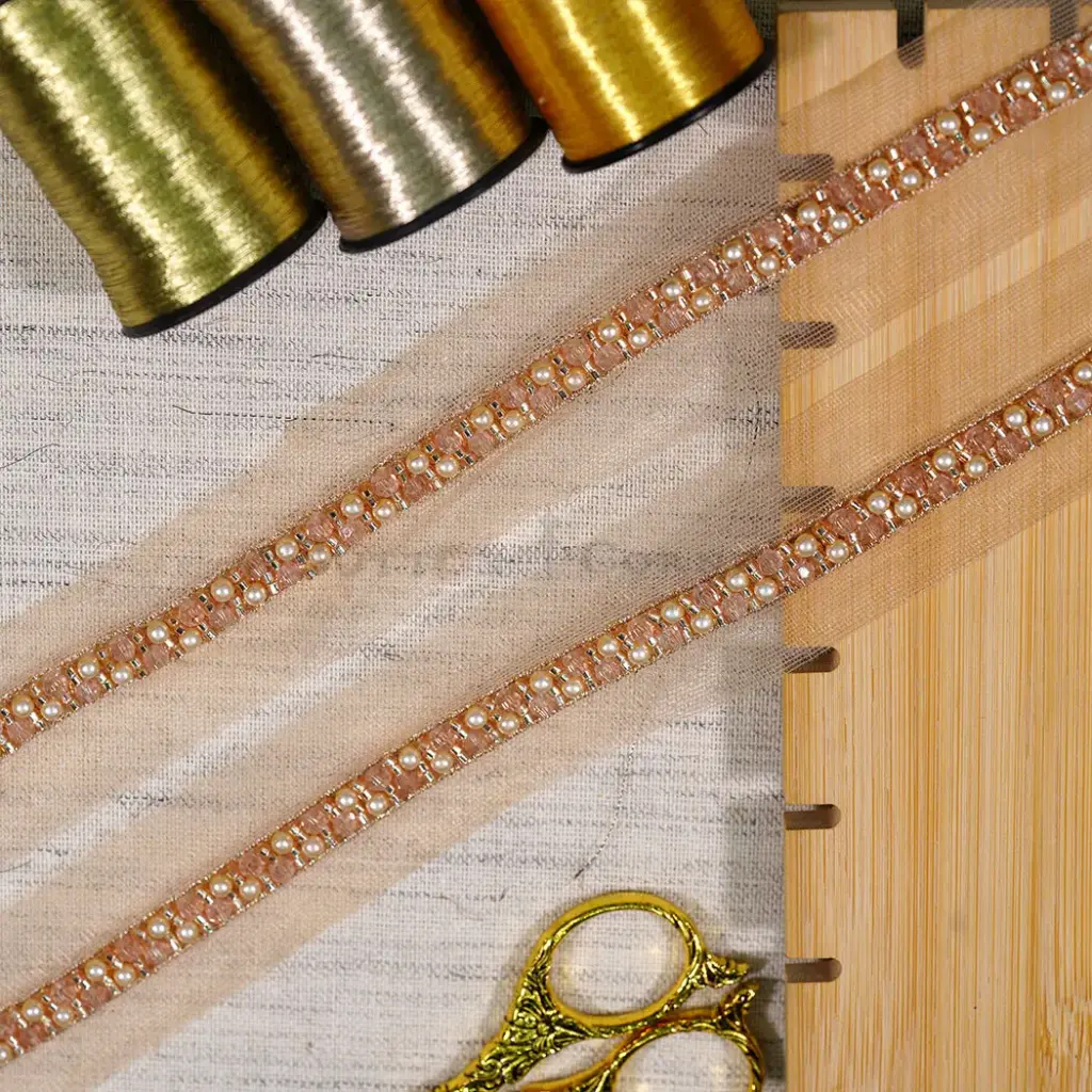 Glass Beads with Pearl Embellishment Fancy Metallic Yarn Lace