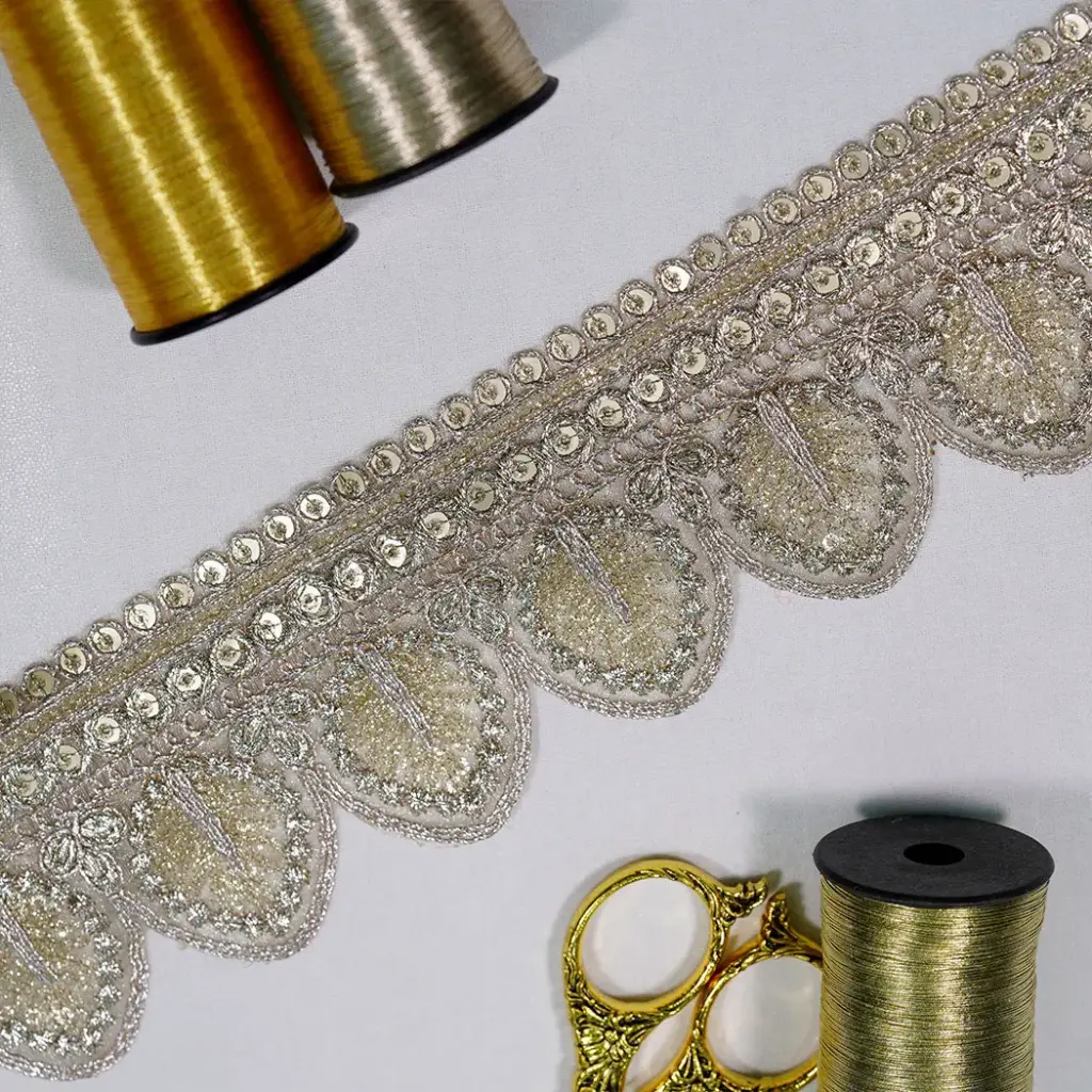 Scallop Edge with Sequence Embellishment Metallic Yarn Sequence Lace
