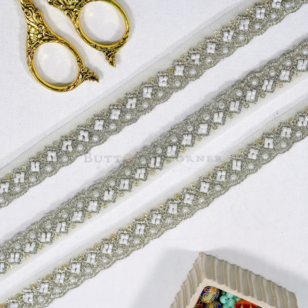 Silver Metallic Yarn Glass Beads, Sequence & Pearl Embellishment Fancy Lace