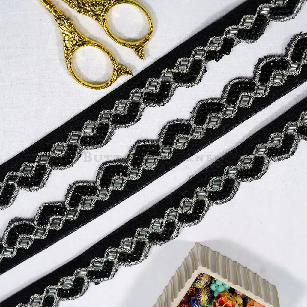 Fancy Metallic Yarn Lace with Glass Beads Accent