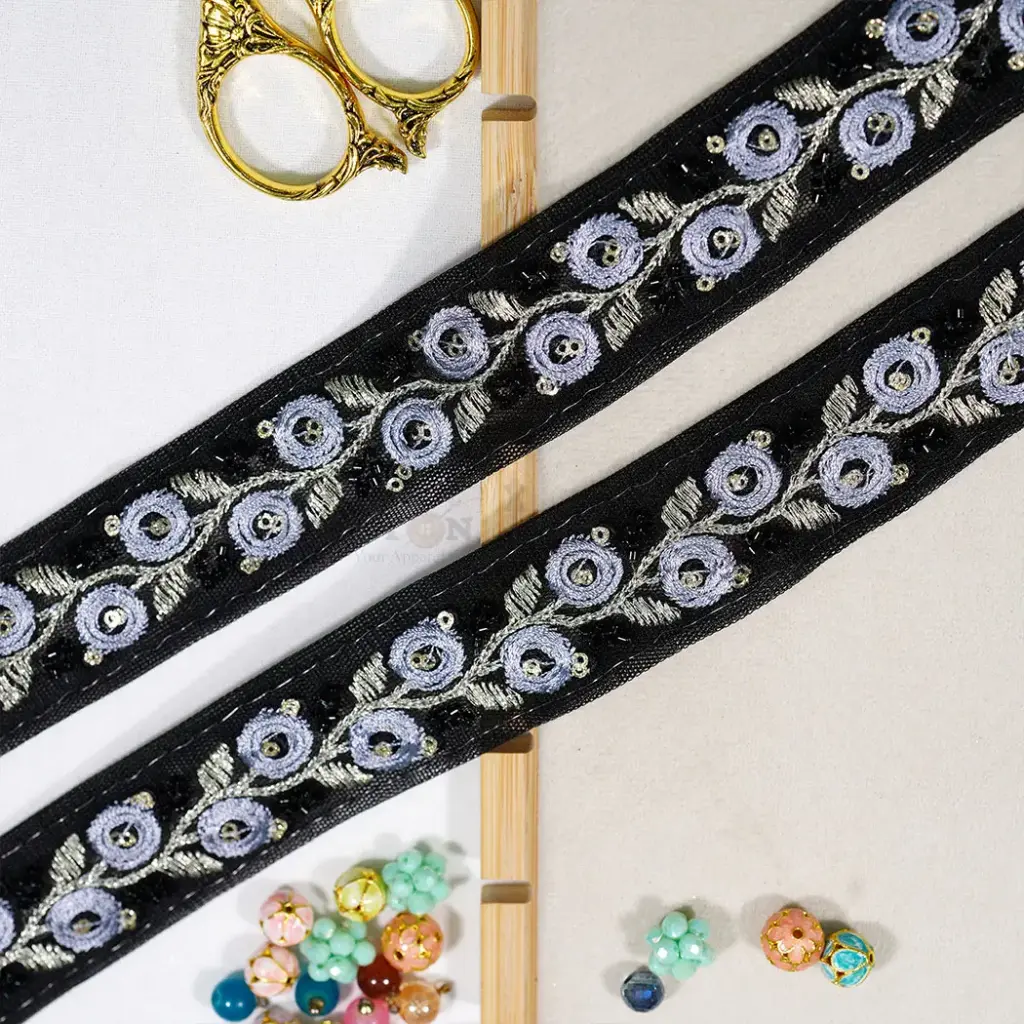 Floral Design with Glass Beads & Sequence Embellishment Fancy Metallic Yarn Lace