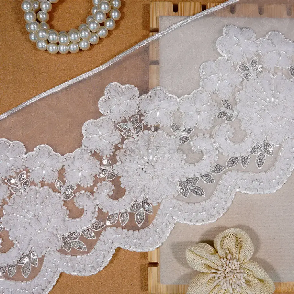 Blooming Blossom Design with Sequence, Glass Beads & Pearl Embellishment Fancy Lace