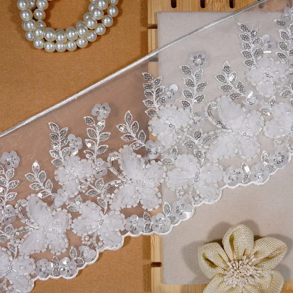 Decorative Glass Beads, Sequence & Pearl Accent Butterfly Design Fancy Lace