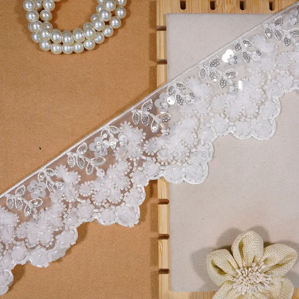 Scallop Edge Glass Beads, Sequence & Pearl Embellished Fany Lace