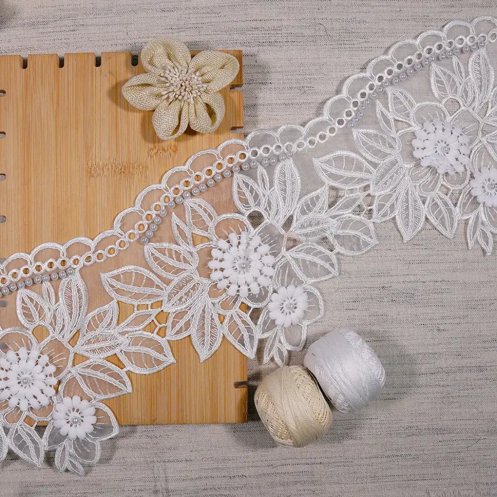 Blooming Blossom Design Organza Lace Embellished with Pearls