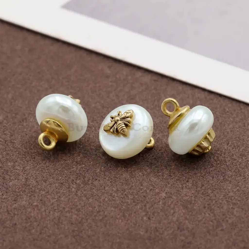 Vintage Gold Bee Embellished Faux Pearl Shank Button