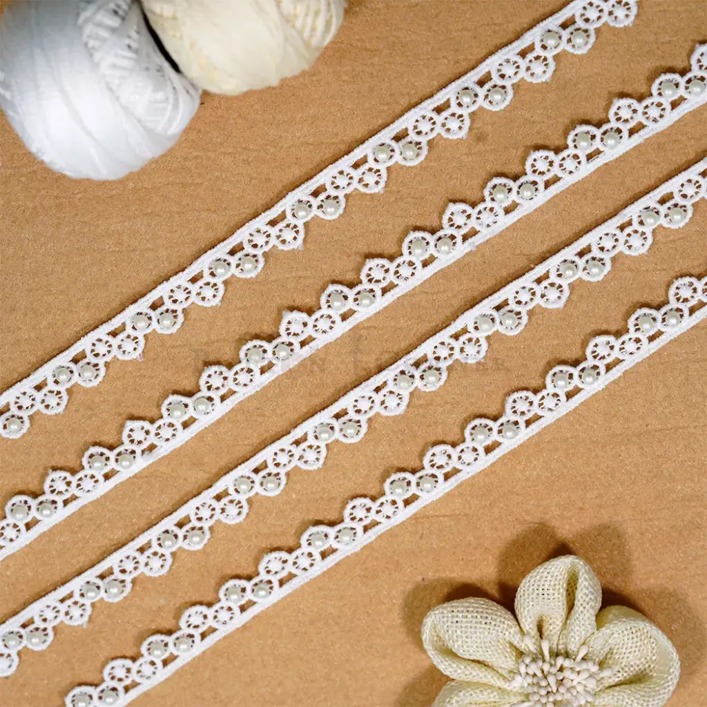 Decorative Pearl Accent One Side Border Shuttle Lace