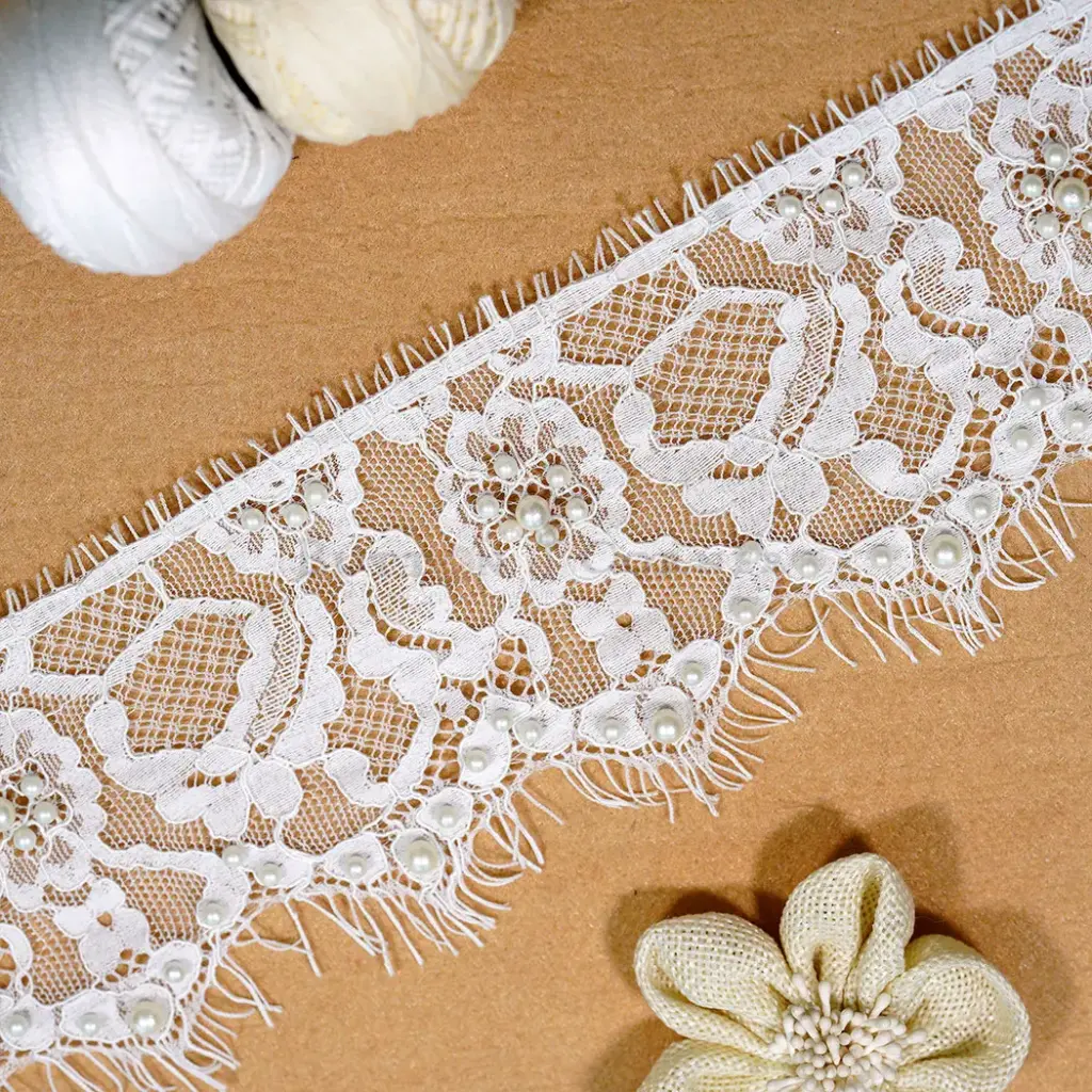 Floral French Chantilly Lace with Eyelash Fringe Edge with Pearl Embellishment