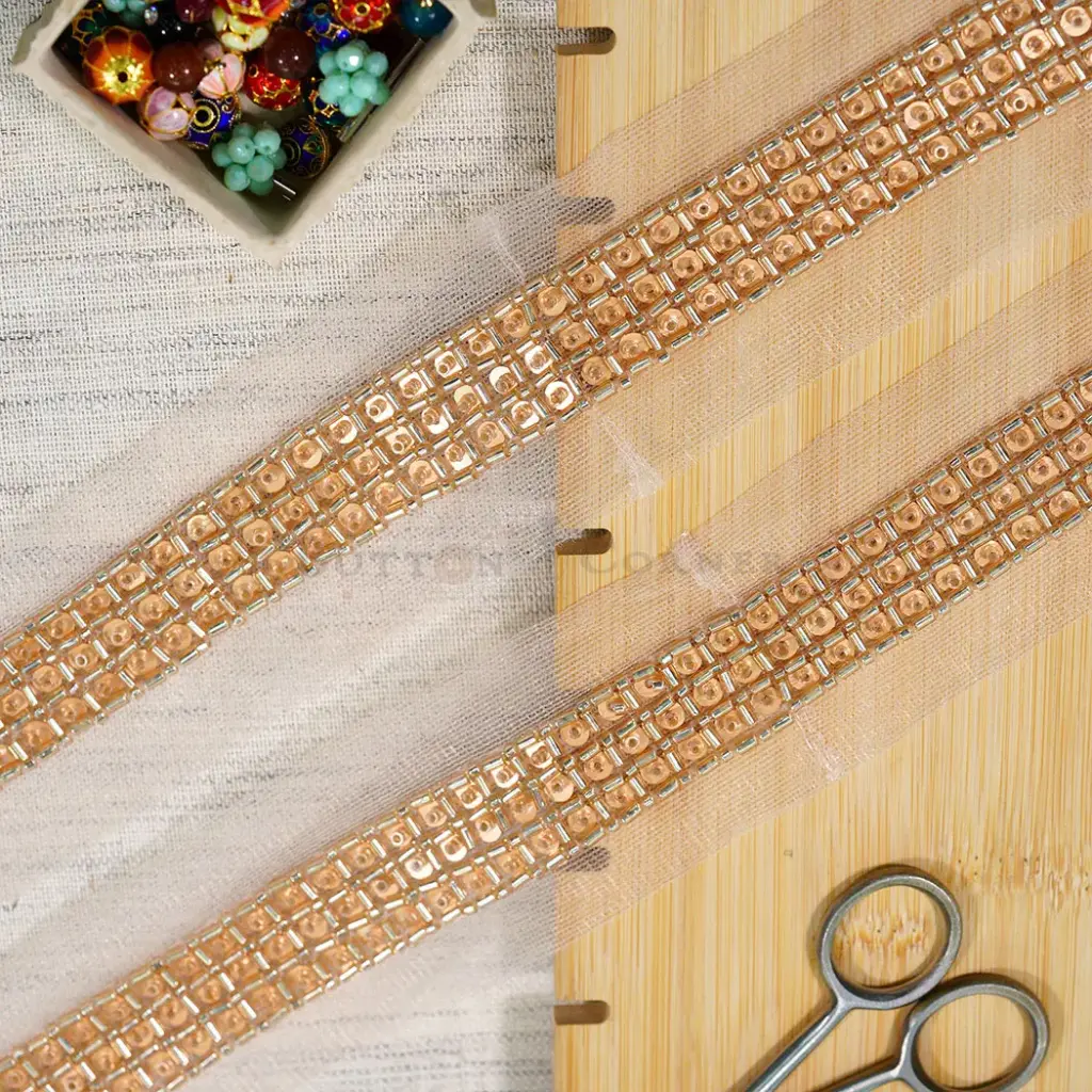 1" Inch Glass Beads & Sequence Accent Fancy Metallic Yarn Lace