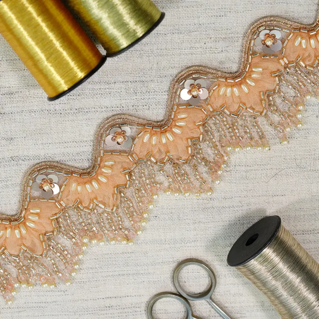 Glass Beads, Sequence & Pearl Embellishment Fancy Metallic Yarn Hanging Lace