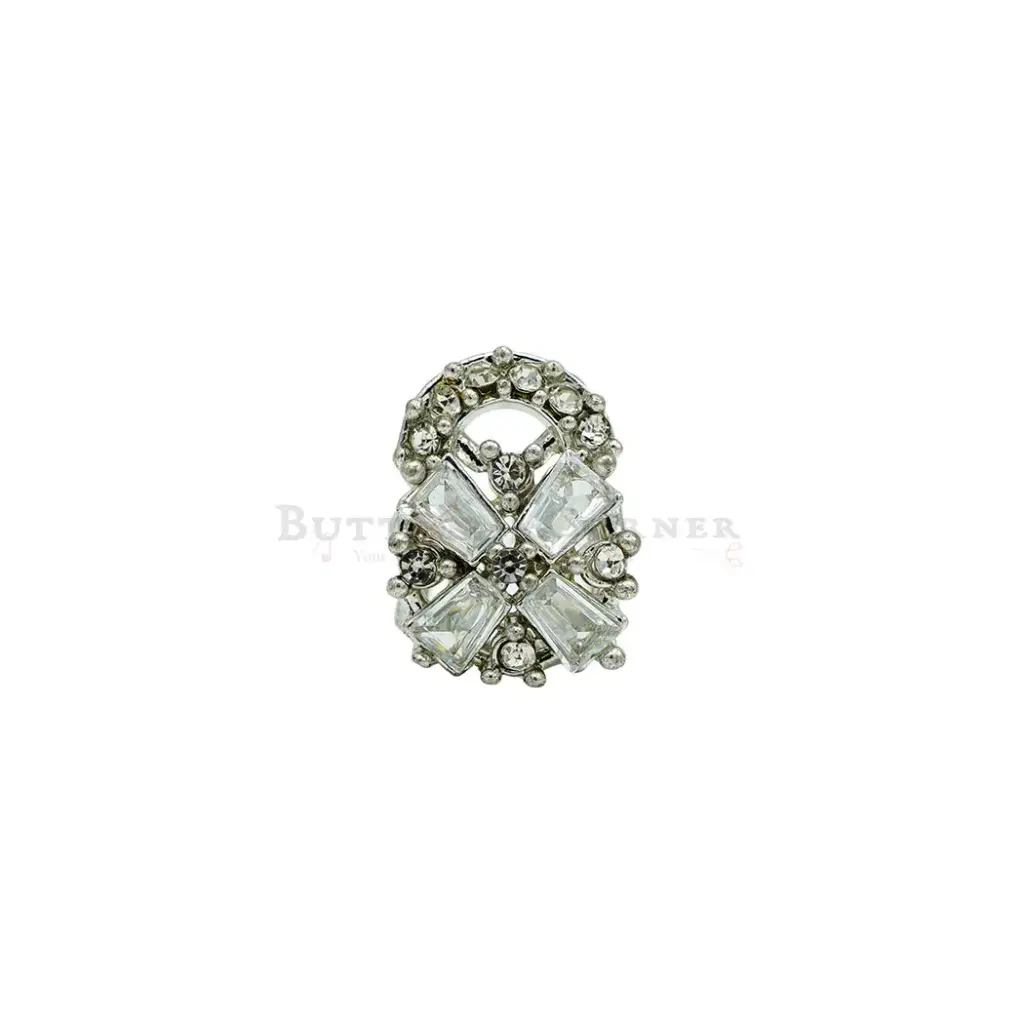 Arch-Top Baguette-Cut Silver Base Kundan Button