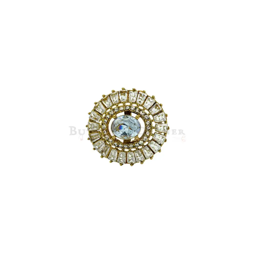 Oval Centre Circular Baguette & Micro-Pave Studded Gold Base Kundan Button