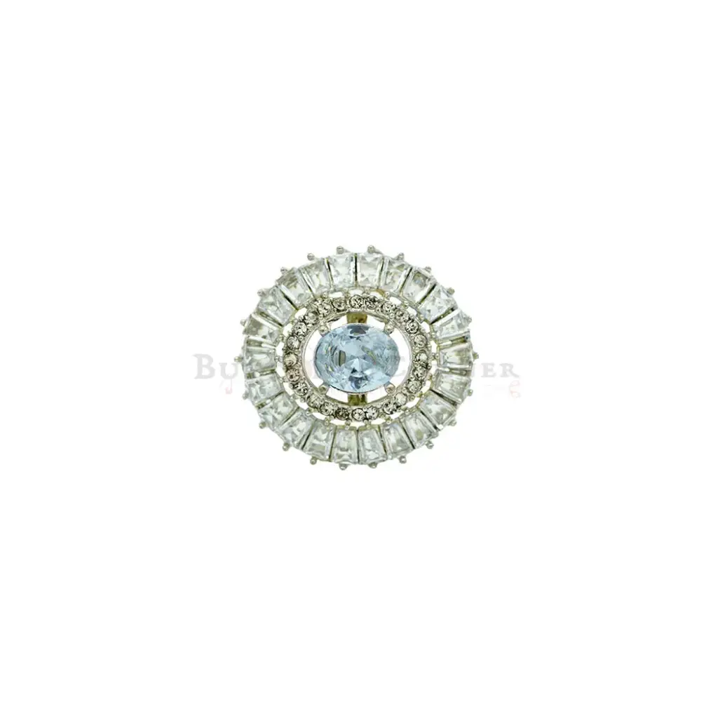 Oval Centre Circular Baguette & Micro-Pave Studded Silver Base Kundan Button