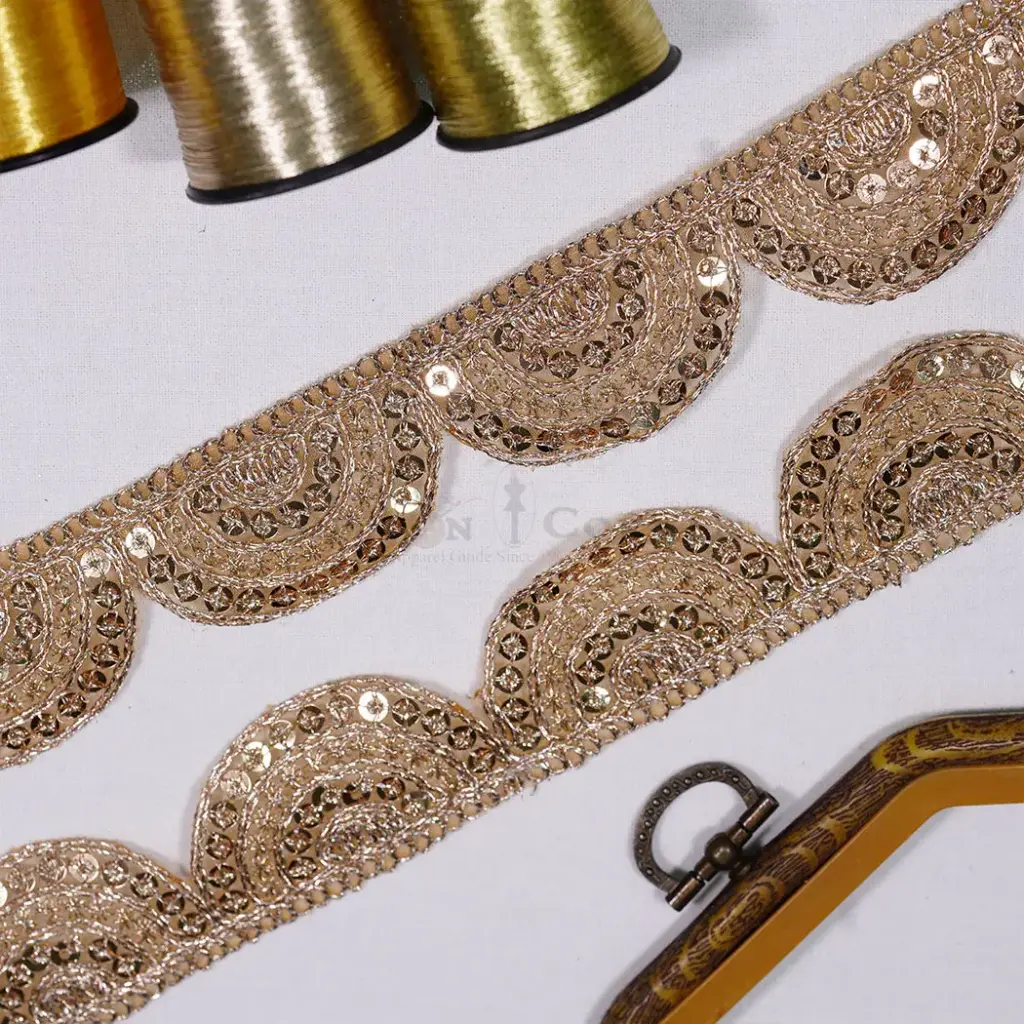 Decorative Scallop Design Sequence Accent Fancy Metallic Yarn Lace