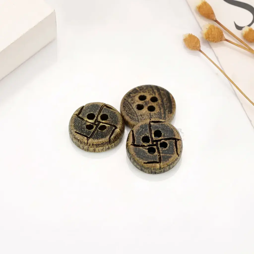Rotating Square Motif Cross Hatch Carved 4-Hole Wooden Shirt Button