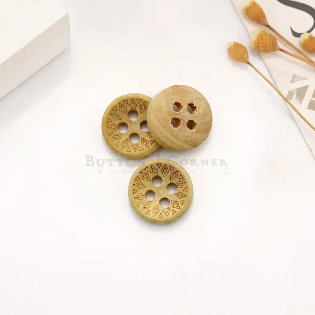 Tribal Diamond Pattern Aztec-Style Rim Carved 4-Hole Wooden Shirt Button