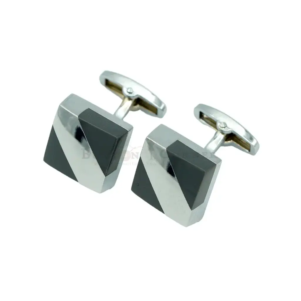 Central Chrome Diagonal Strip Grey Square Shape Cufflink