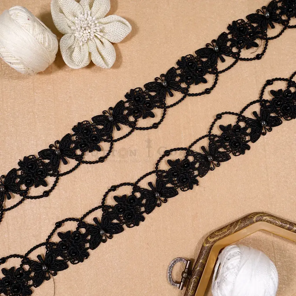 Butterfly & Flower Motif Shuttle Lace with Scallop Border and Pearl Accent