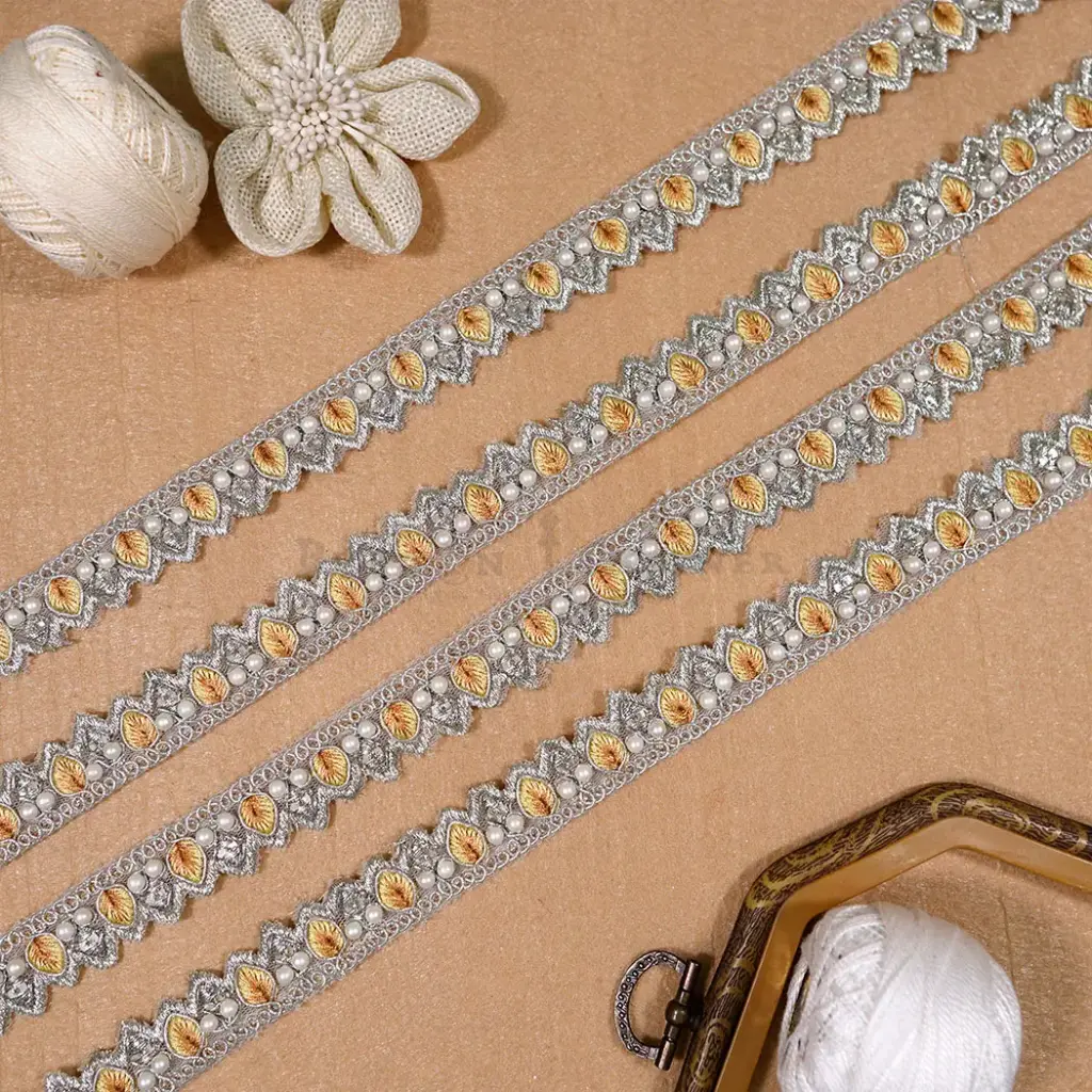 Metallic Yarn, Sequence, Net Lace with Pearl