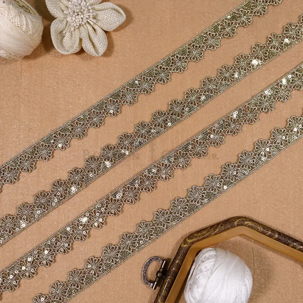 Metallic Yarn Sequence Embellishment Floral Design Fancy Lace