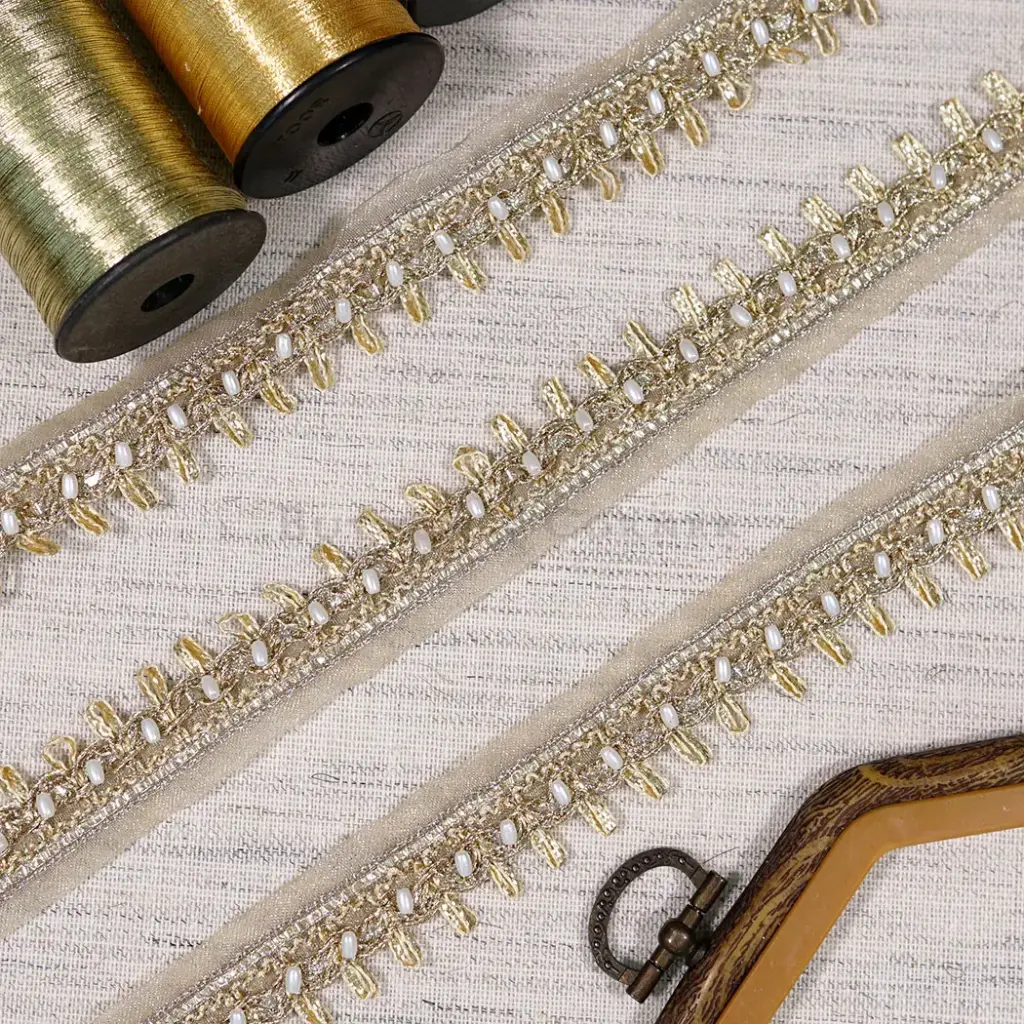 Decorative Pearl with Hanging Accent Fancy Metallic Yarn Lace