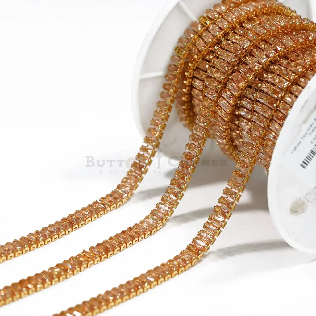 Yellow Tea-Gold Base Sparkling Crystal Metal Tube Cup Chain 3x6mm