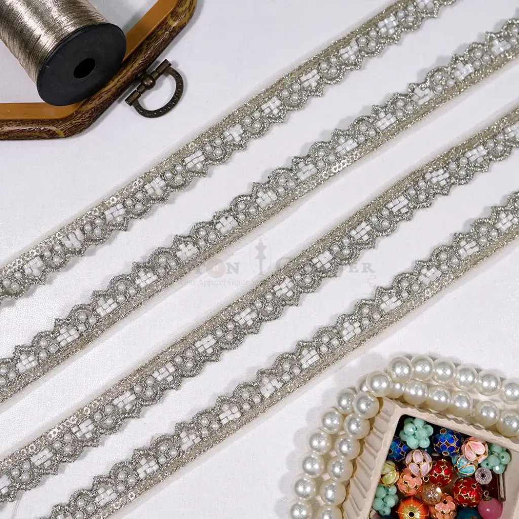 Metallic Yarn Lace with Glass Beads, Sequence & Pearl Embellishment