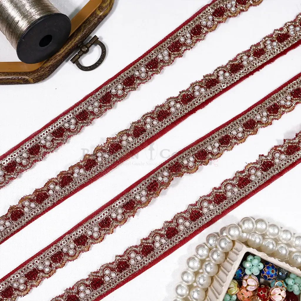 Gold Metallic Yarn Fancy Lace with Glass Beads, Sequence & Pearl Embellishment