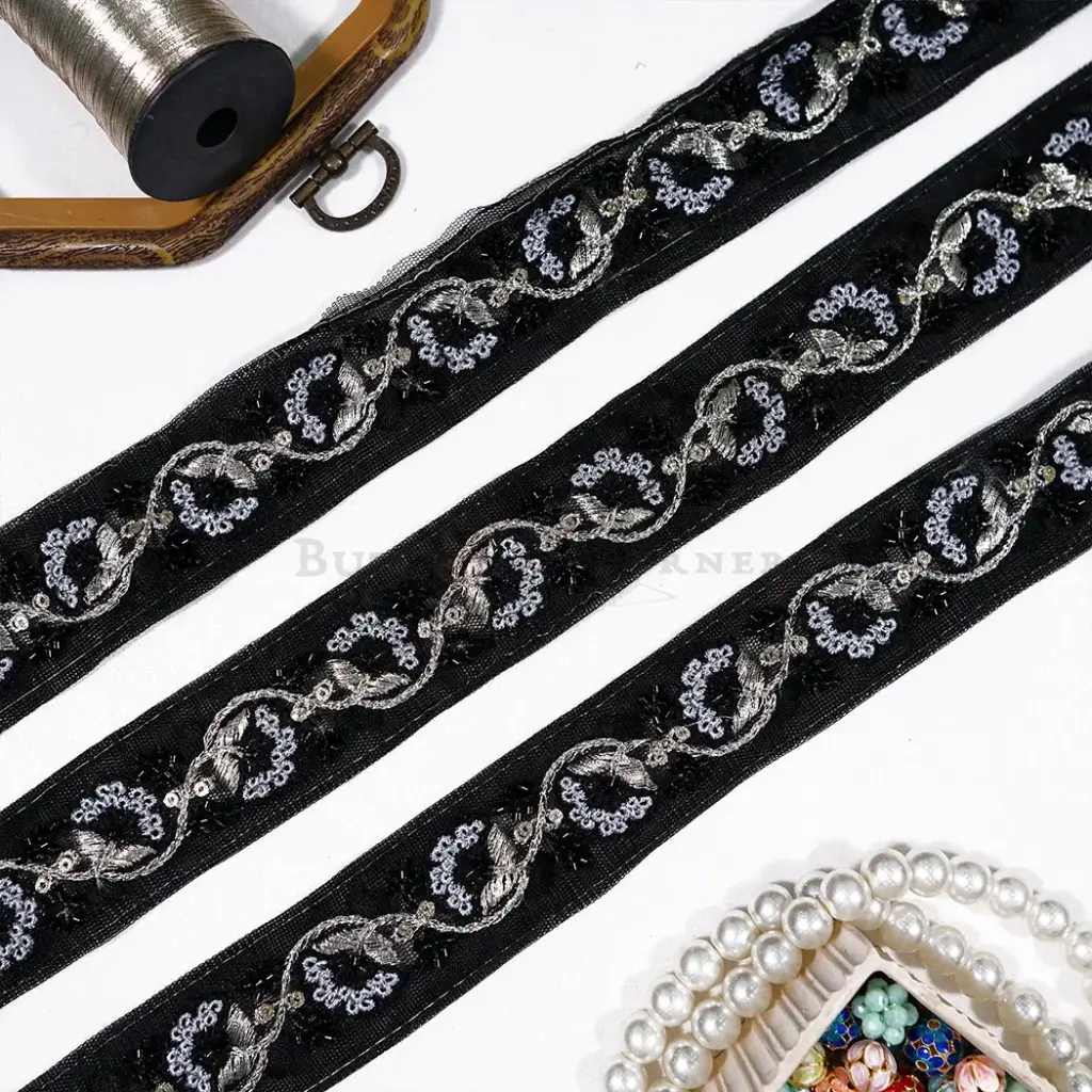 Floral Design Fancy Metallic Yarn Sequence Lace with Glass Beads Embellishment