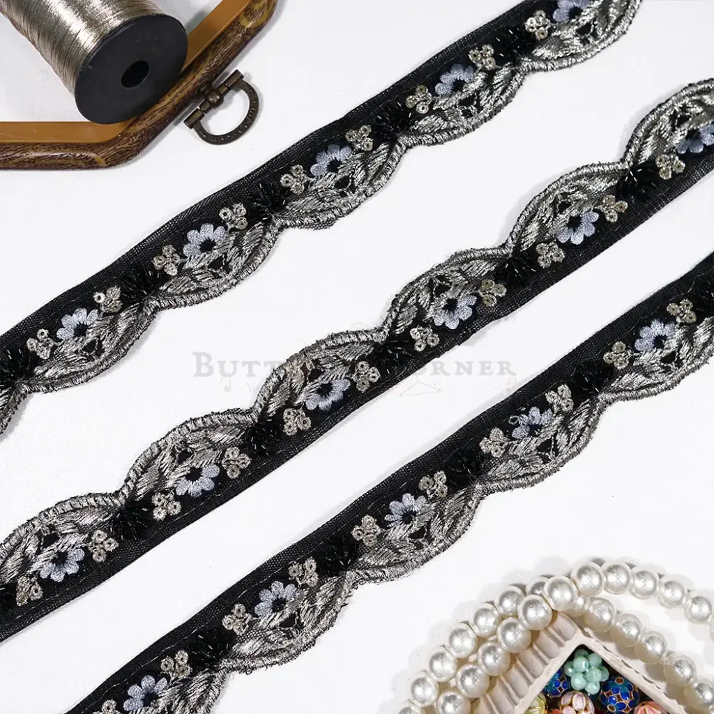 Flower Design Fancy Metallic Yarn Lace with Sequence & Glass Beads Embellishment