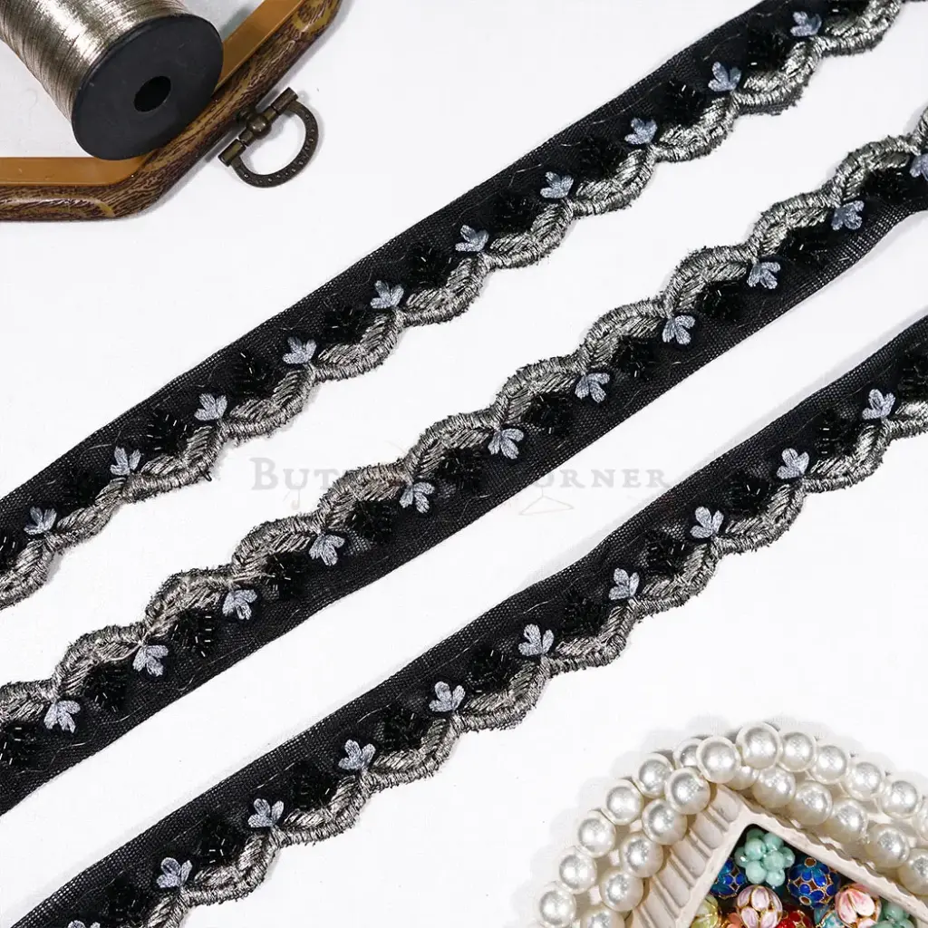Floral Design Fancy Metallic Yarn Lace with Sequence & Glass Beads Accent