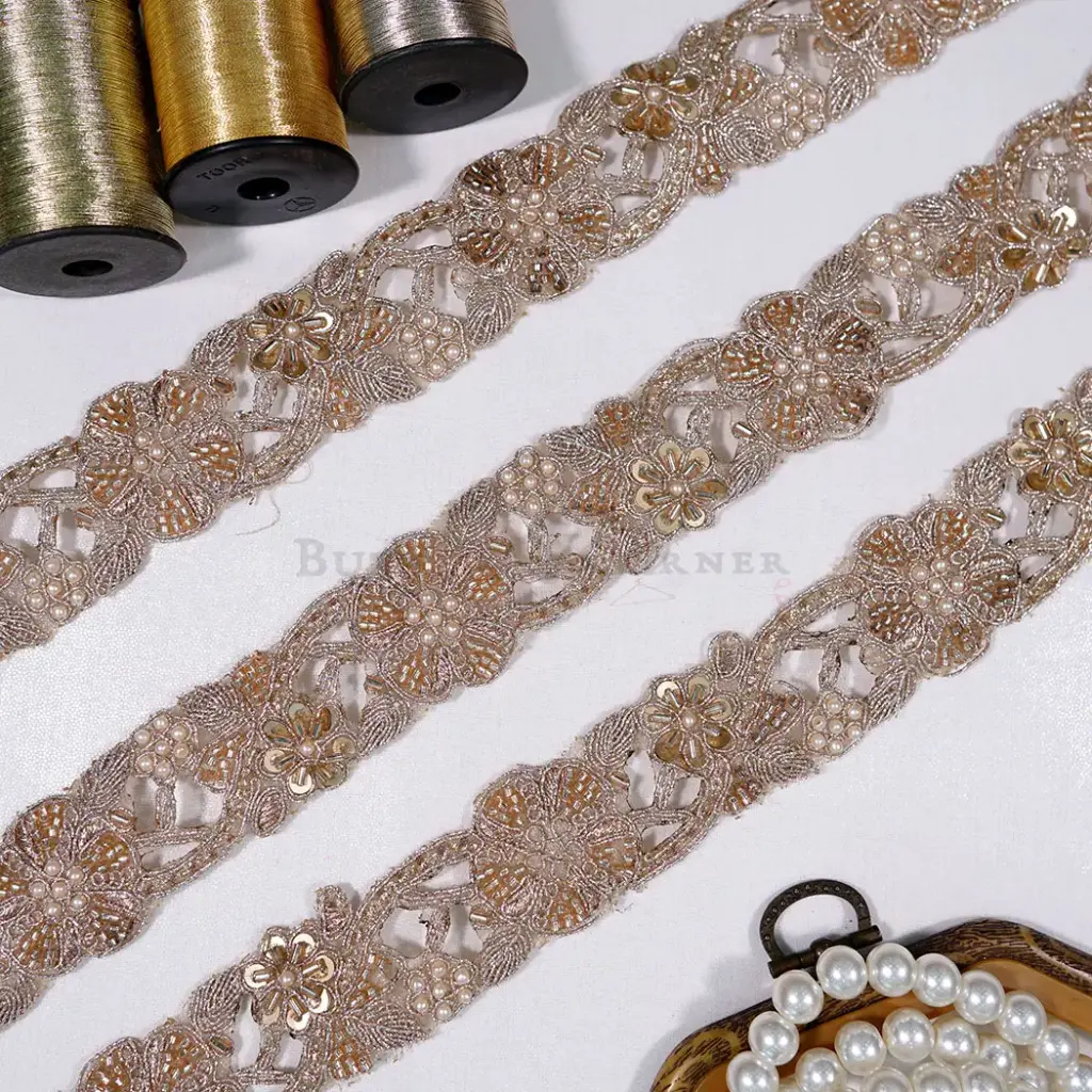 Decorative Blooming Blossom Design Lace Embellished with Glass Beads & Pearl