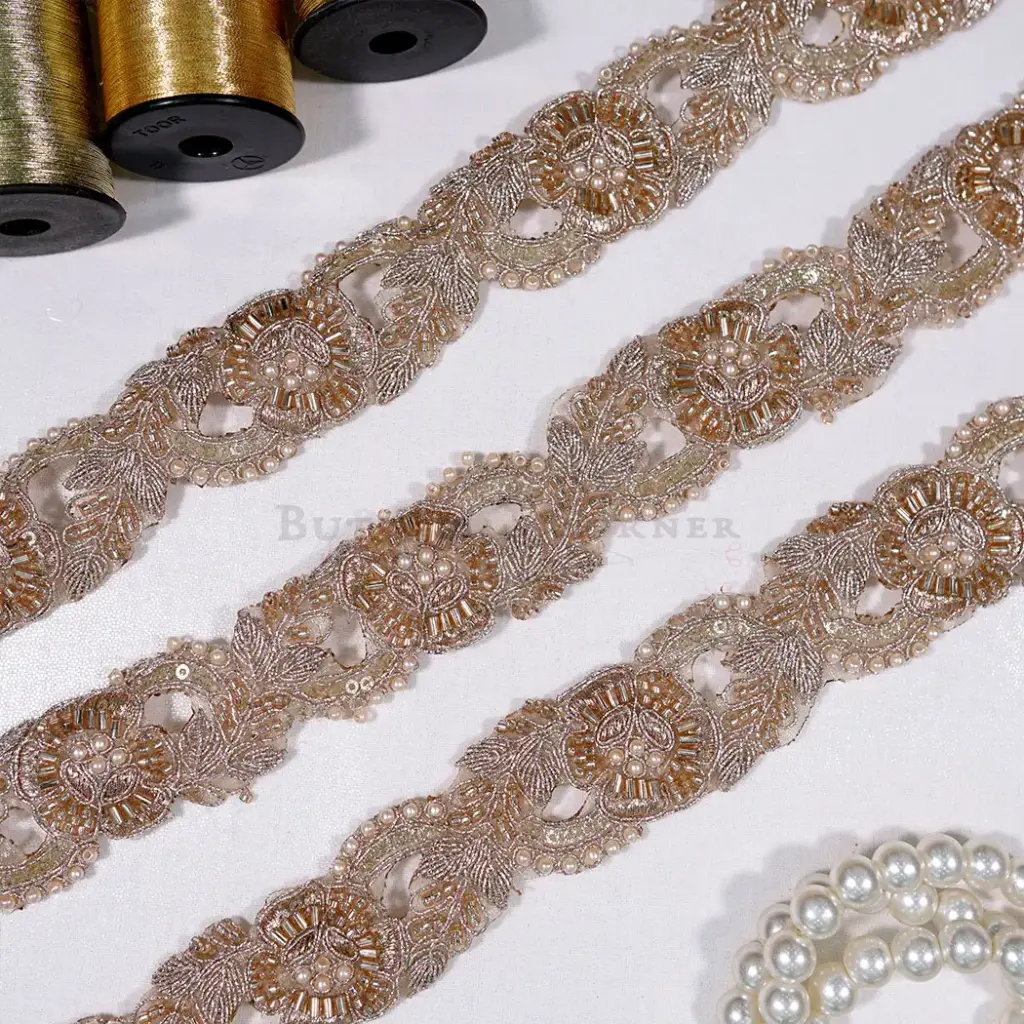 Geometric Floral Design Lace Embellished with Glass Beads, Sequence & Pearl