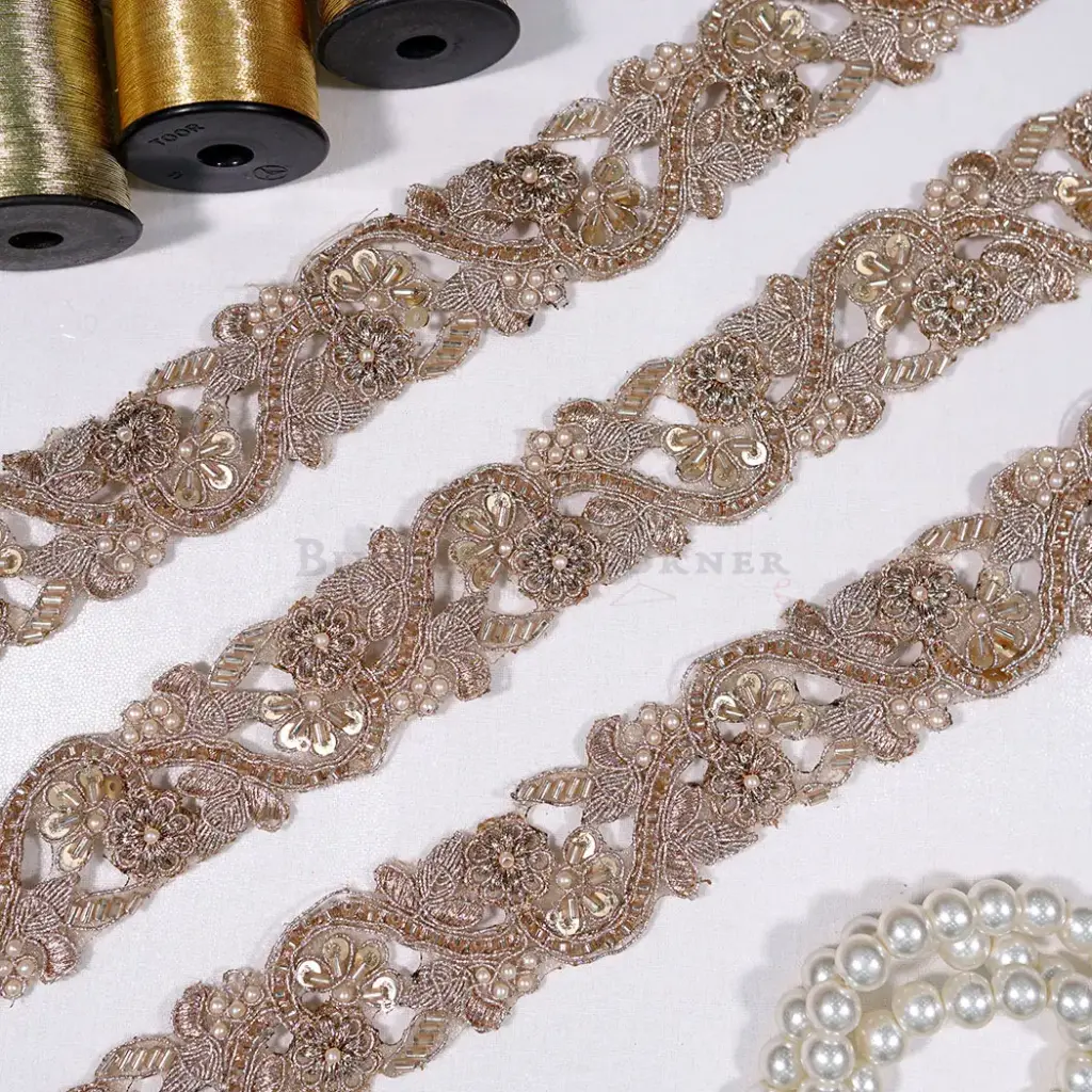 Geometric Floral Design Fancy Lace with Glass Beads, Sequence & Pearl Accent