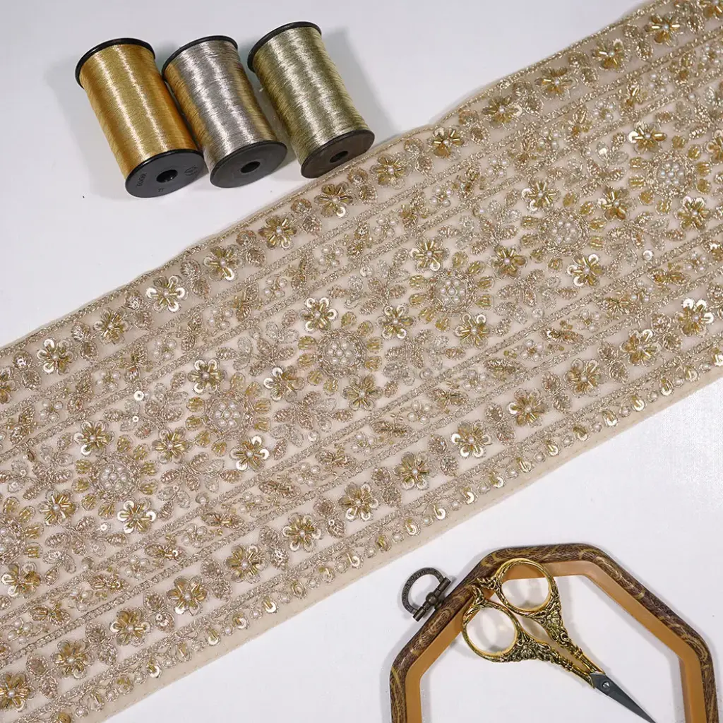 Geometric Design Fancy Metallic Yarn Lace Embellished with Sequence, Glass Beads & Pearl
