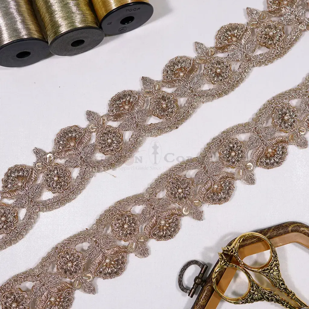 Leaf & Floral Pattern Fancy Metallic Yarn Lace Embellished with Sequence, Glass Beads & Pearl 
