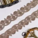 Leaf & Floral Pattern Fancy Metallic Yarn Lace Embellished with Sequence, Glass Beads & Pearl 