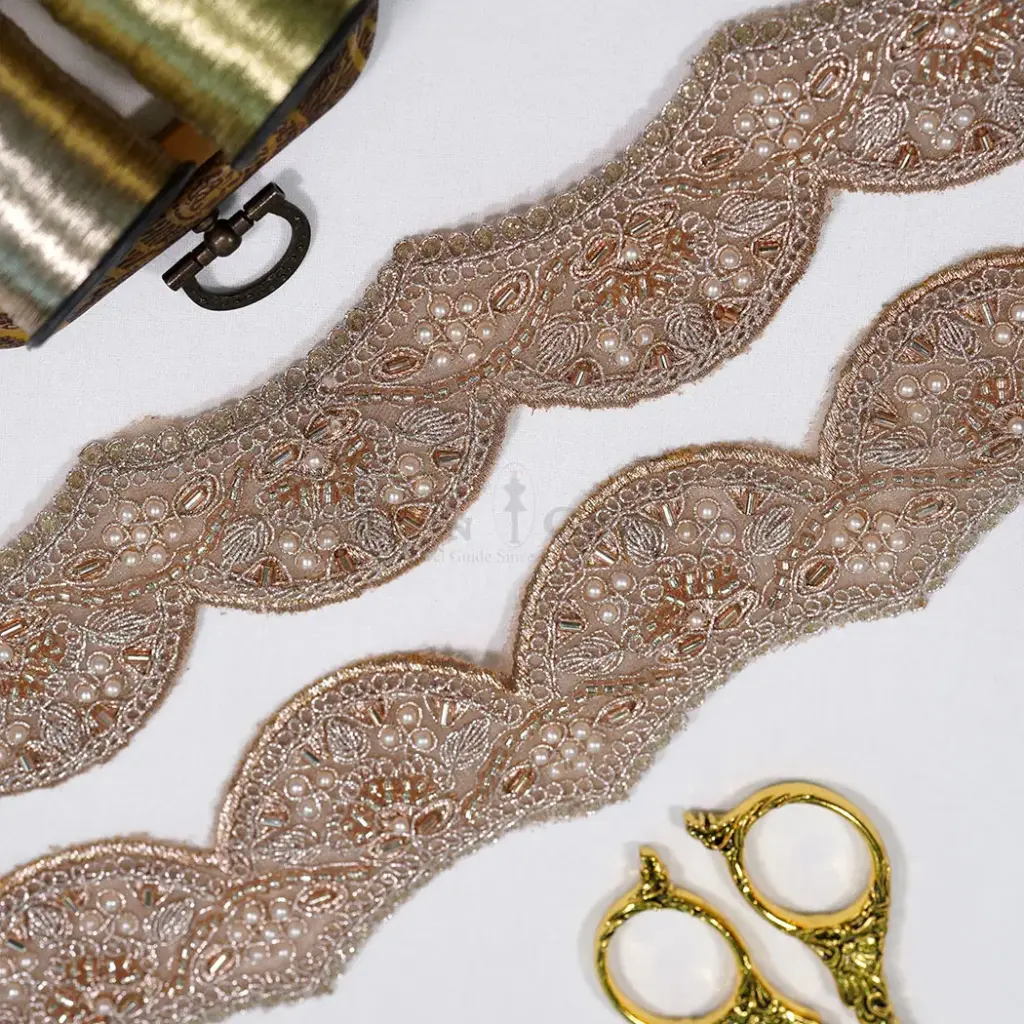 Fancy Metallic Yarn Lace with Sequence, Glass Beads & Pearl Accent