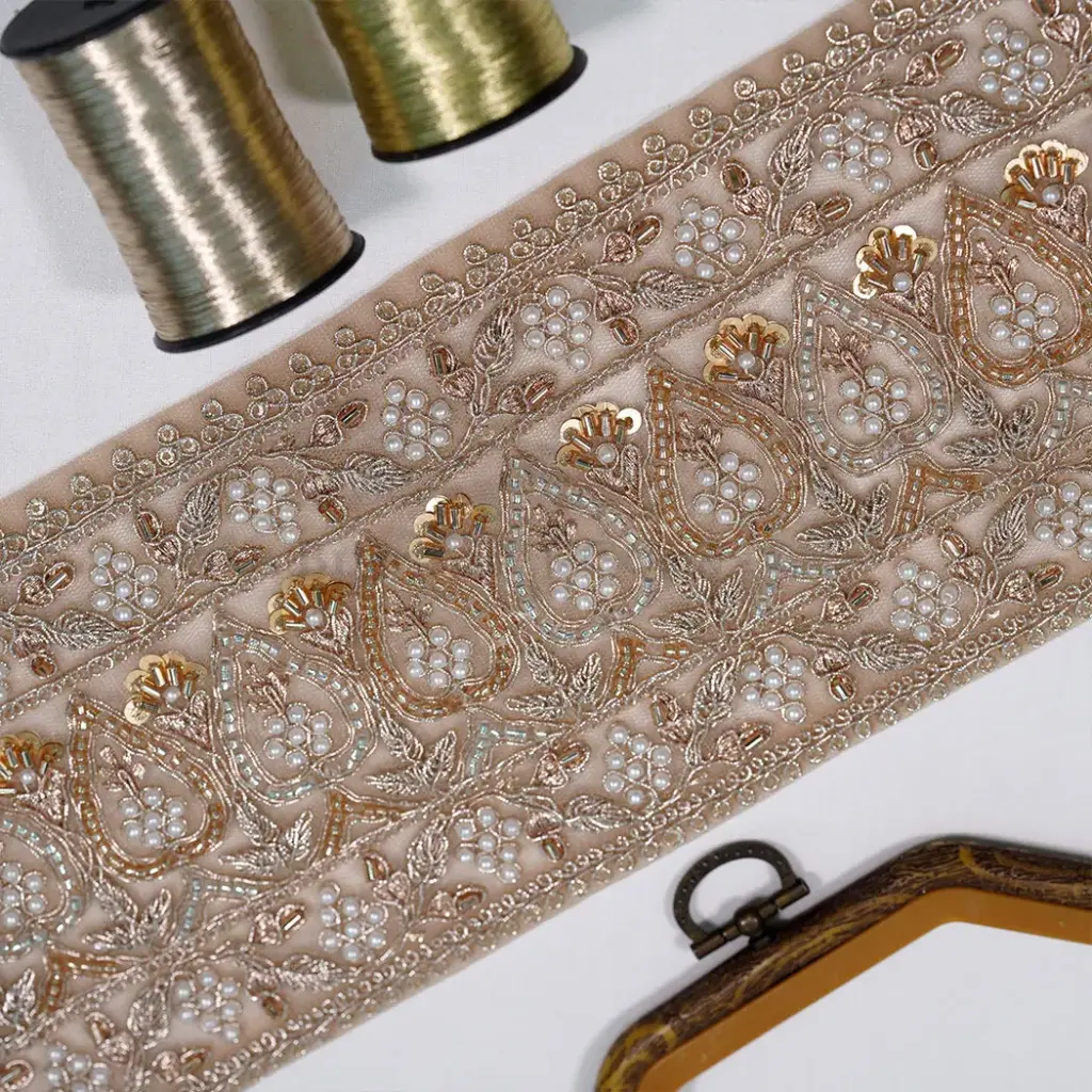 Sequence, Glass Beads & Pearl Embellishment Fancy Metallic Yarn Lace